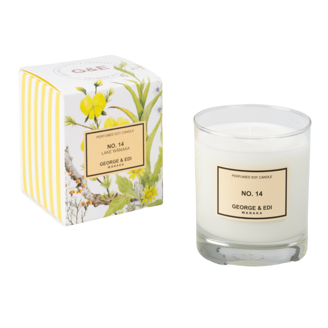 GEORGE & EDI PERFUMED SOY CANDLE IN NO 14 LAKE WANAKA FRAGRANCE IN FLORAL AND STRIPE BOX