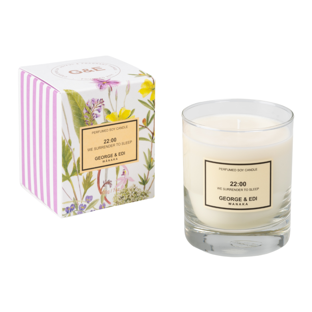 GEORGE & EDI 22:00 WE SURRENDER TO SLEEP PERFUMED SOY CANDLE IN FLORAL AND STRIPE BOX