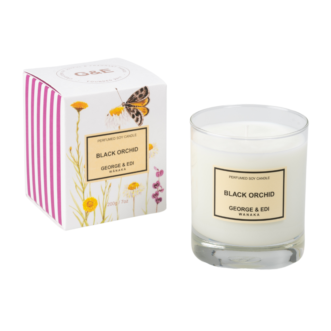 GEORGE & EDI PERFUMED SOY CANDLE IN BLACK ORCHID FRAGRANCE IN FLORAL AND STRIPE BOX