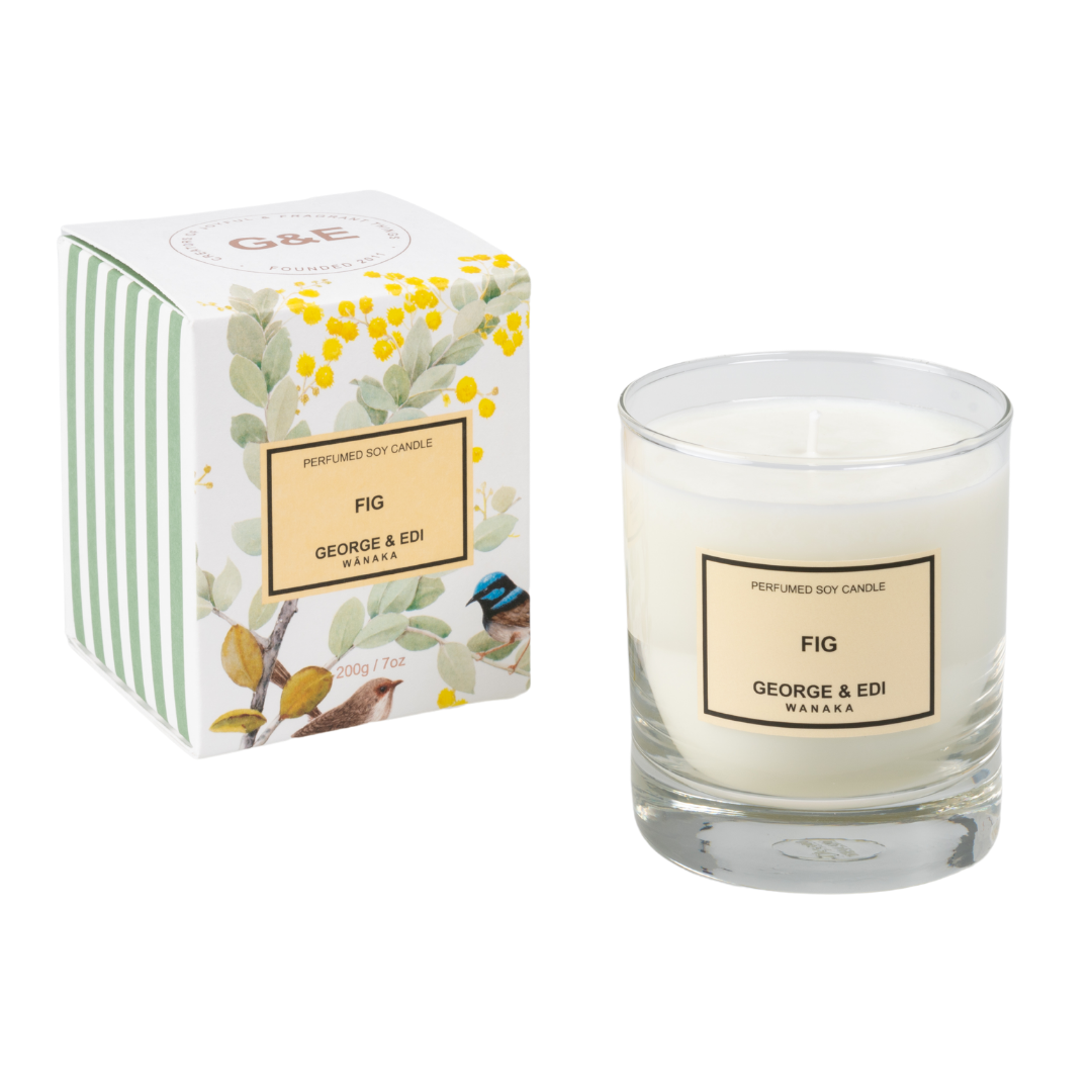 GEORGE & EDI PERFUMED SOY CANDLE IN FIG FRAGRANCE IN FLORAL AND STRIPE BOX