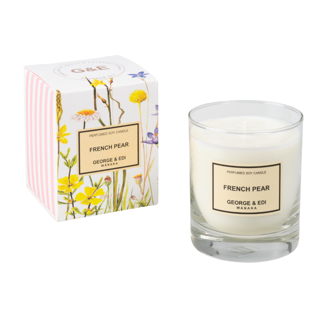 GEORGE & EDI PERFUMED SOY CANDLE IN FRENCH PEAR FRAGRANCE IN FLORAL AND STRIPE BOX