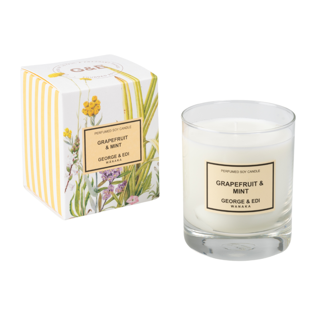 GEORGE & EDI PERFUMED SOY CANDLE IN GRAPEFRUIT & MINT FRAGRANCE IN FLORAL AND STRIPE BOX