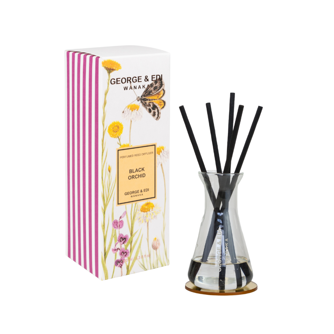 GEORGE & EDI PERFUMED REED DIFFUSER SET - BLACK ORCHID in FLORAL AND STRIPE BOX