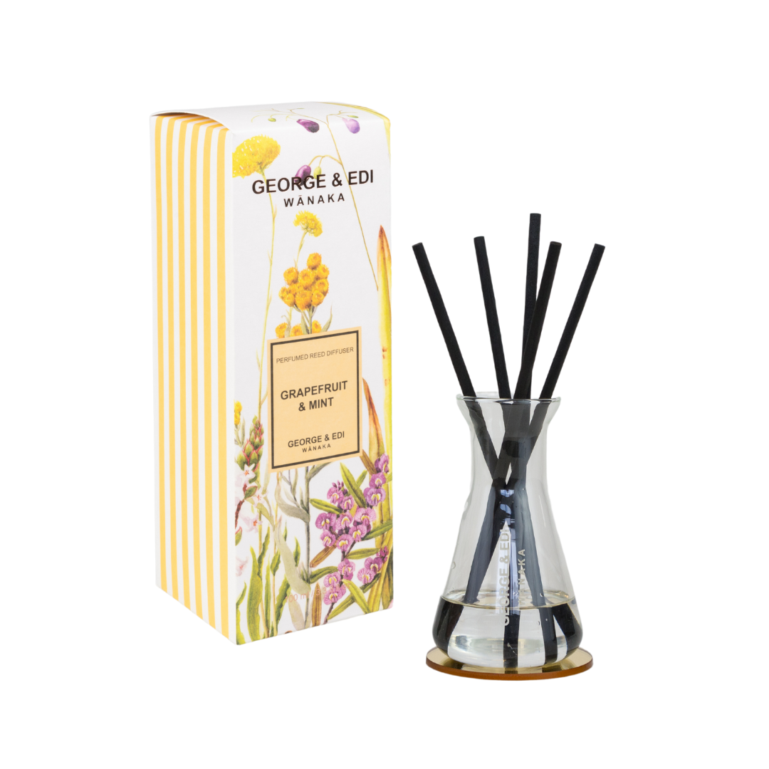 GEORGE & EDI PERFUMED REED DIFFUSER SET - GRAPEFRUIT AND MINT IN FLORAL AND YELLOW STRIPE BOX