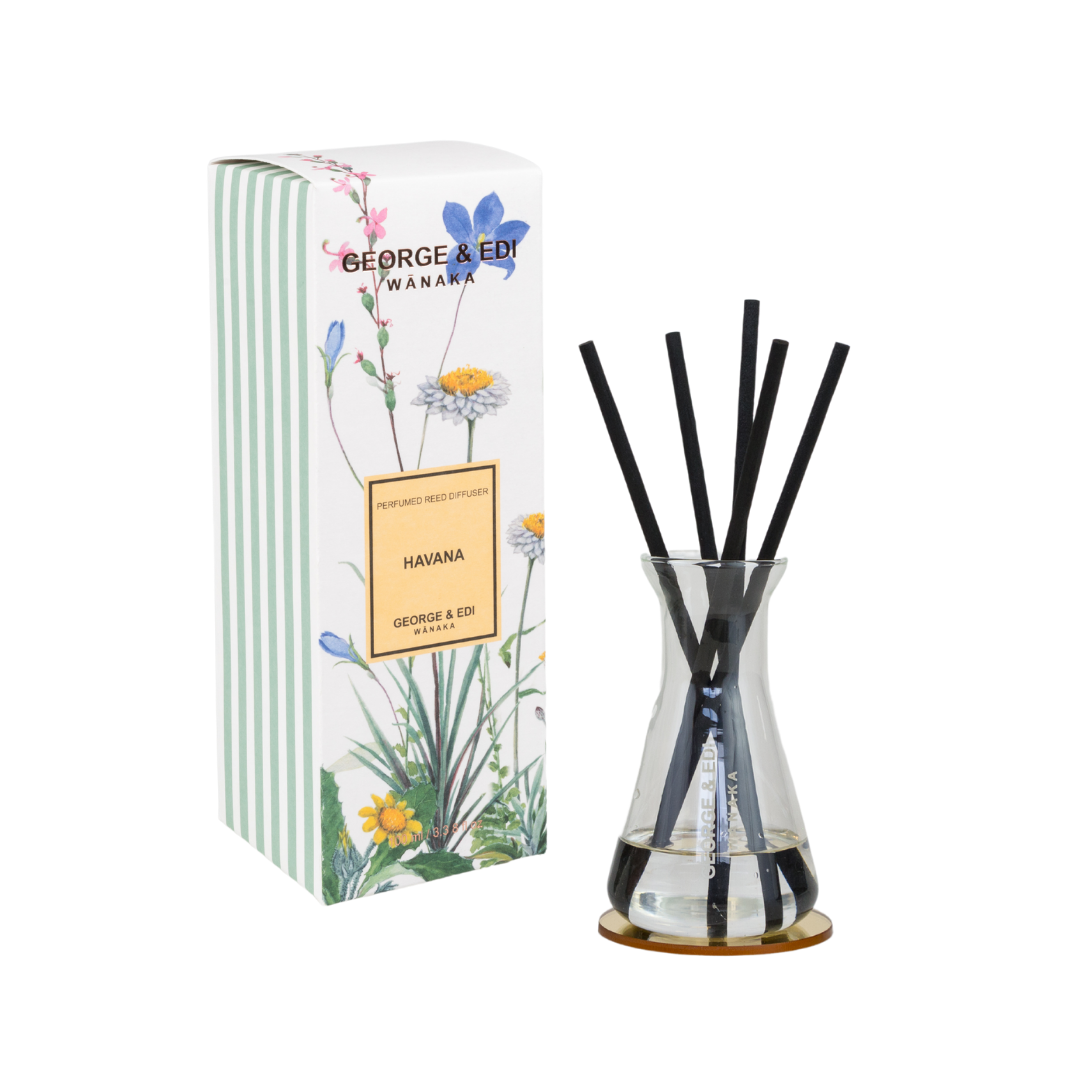 GEORGE & EDI PERFUMED REED DIFFUSER SET  in HAVANA FRAGRANCE PACKAGED IN A STRIPE AND FLORAL BOX