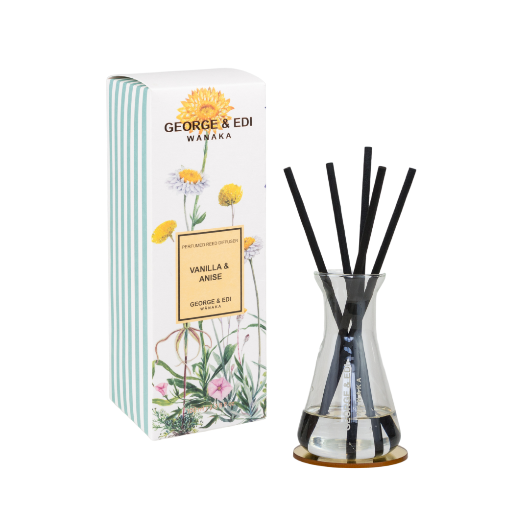 GEORGE & EDI PERFUMED REED DIFFUSER SET WITH GLASS SCIENCE FLASK MIRROR DISC AND BLACK REEDS IN VANILLA AND ANISE FRAGRANCE